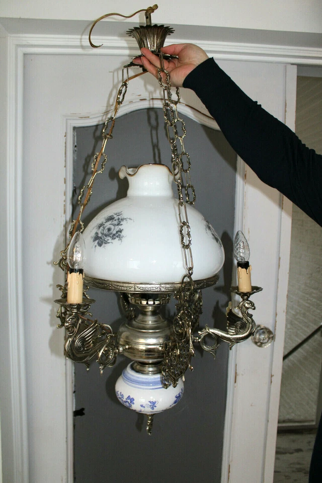 Lámpara de araña tazón opalino loza azul blanco delft marco gótico dragones de latón de colección  Foto 2 de 4