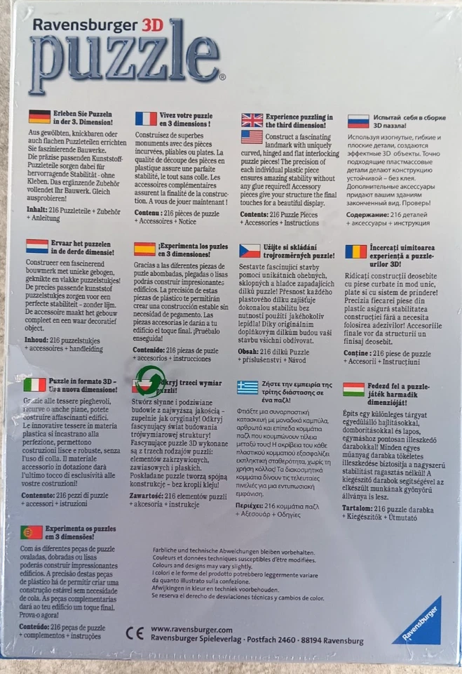 Big Ben London Ravensburger 3D Puzzle Jigsaw 216 Plastic Pieces NEW SEALED - Image 3 of 4