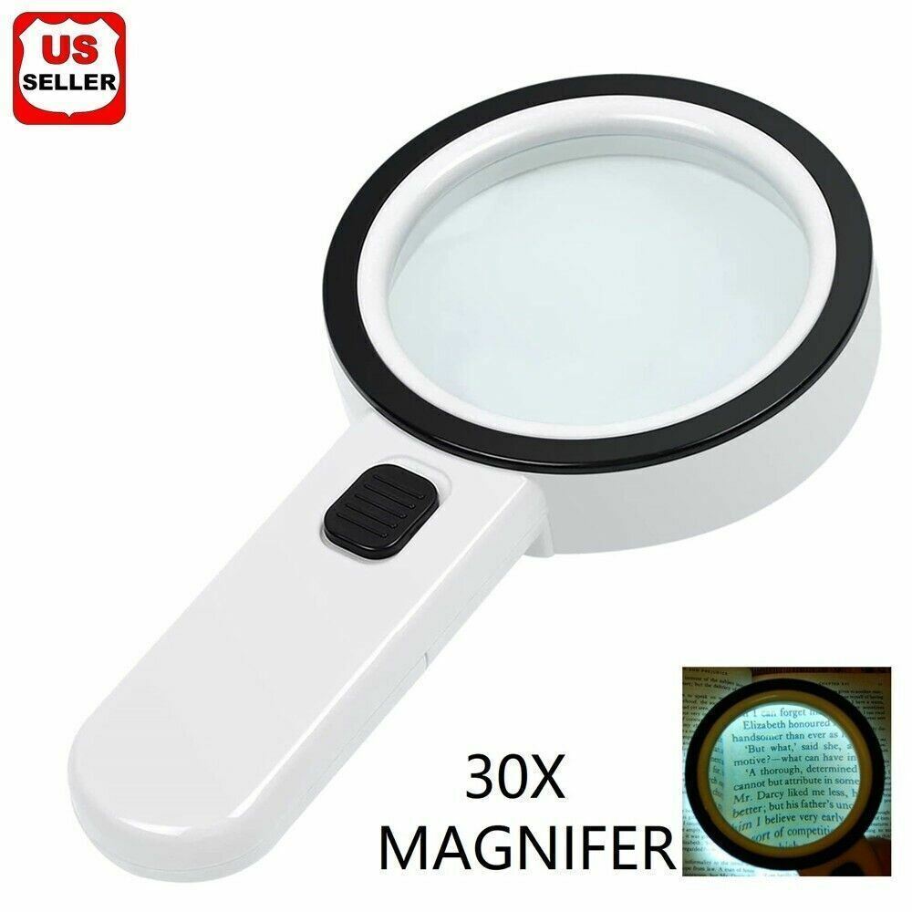 30X Jumbo Handheld Magnifying Glass w/ 12 Bright LED Light Illuminated Magnifier