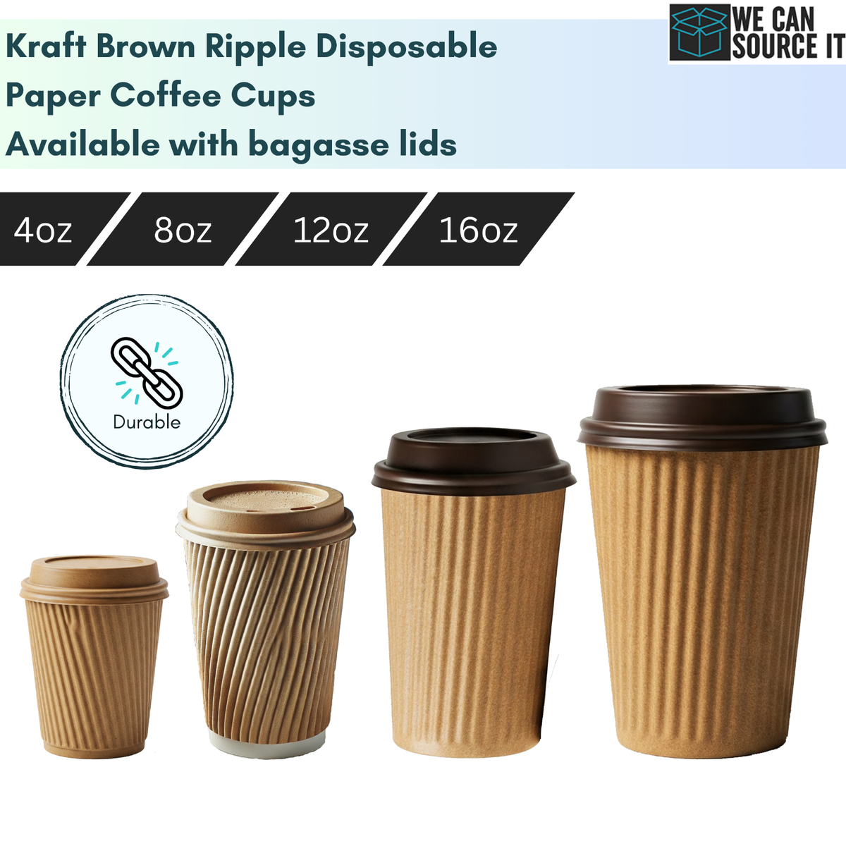 50 X 8oz Disposable Coffee Cups 3-PLY Kraft Ripple Paper Cup Hot & Cold Drinks