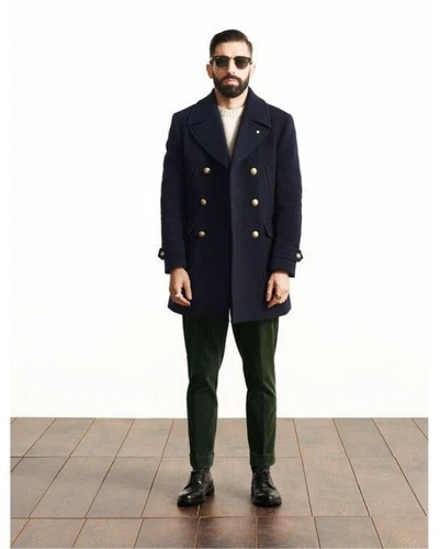 Mens Black Pea Coat 100% Wool Blend Double Breasted button Jacket Trench Coat - Picture 8 of 15