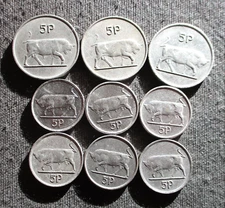 LOT OF NINE OLD 5 PENCE COINS OF IRELAND IRISH HARP & BULL - MIX 307