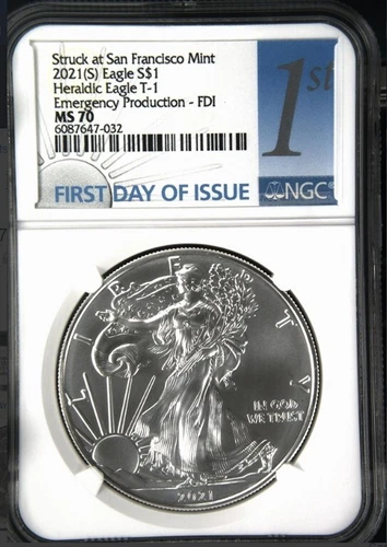 2021 (S) Silver Eagle Heraldic T-1 Emergency NGC MS70