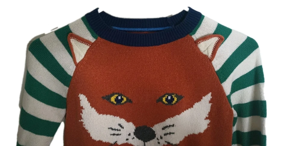 Mini Boden Niños Niñas Zorro Suéter con Orejas Mangas a Rayas Talla 8-9 Y Unisex Foto 3 de 4