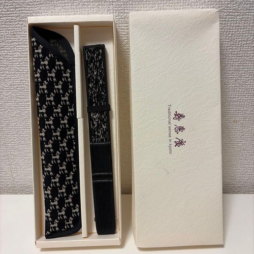 Kyoto Kotobuki Hiro Poodle Pattern Fan Black with Case Authentic Vintage
