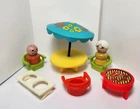 Vintage Fisher Price Little People PATIO LOT; Umbrella Table, Chairs, Grill