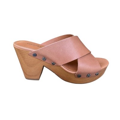 Lucky Brand Takara Women 8 Latte Leather Platform Clog Mules Studded Sandals