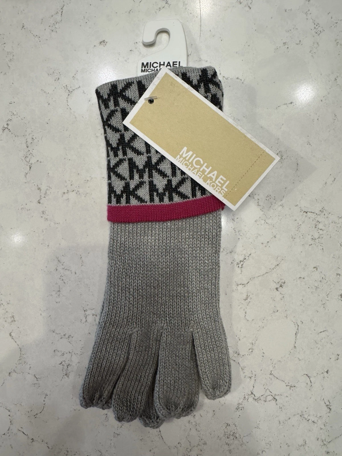 Michael Kors Monogram MK Charcoal Gray Banded Knit Gloves