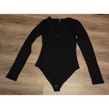 Forever 21 Black Ribbed Bodysuit Long Sleeve Lace Trim V-Neck Snap Bottom