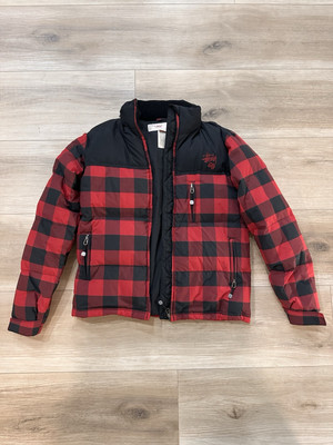 Stussy Red and Black Plaid Puffer Jacket