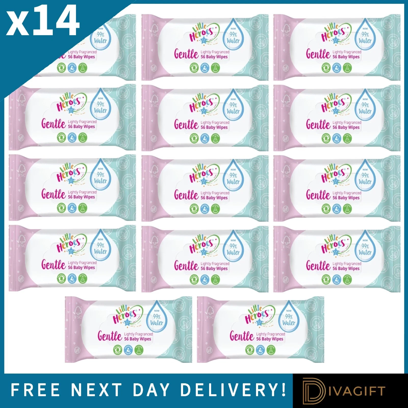 14 x LITTLE HEROES LIGHTLY FRAGRANCED GENTLE BABY WIPES 56 WIPES PER PACK NEW