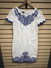 Talbots Dress White Embroidered Lined 100% Linen Scalloped Hem Cuffs Size 4