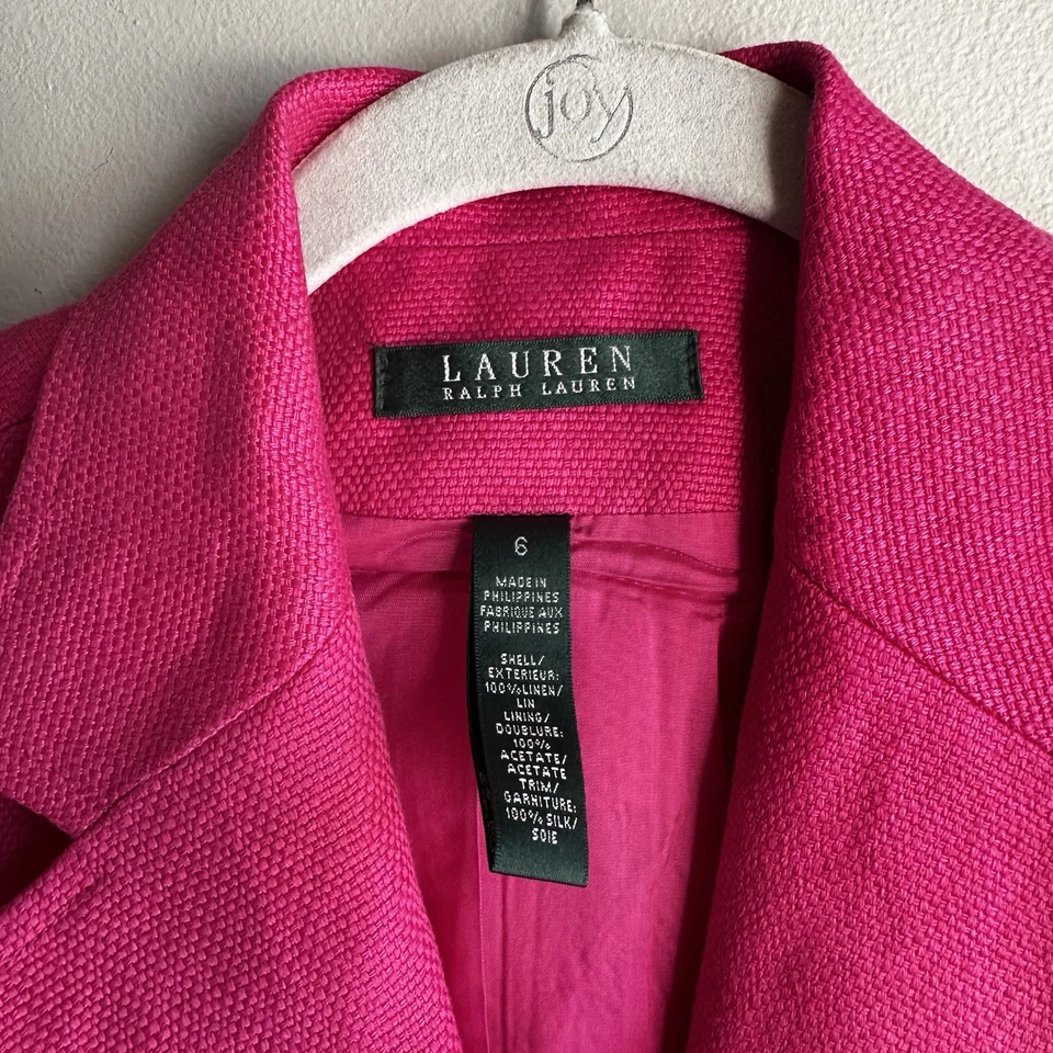 Blazer Lauren Ralph Lauren Mujer Sencillo Pecho Rosa Caliente 100% Lino Talla 6 Foto 3 de 3