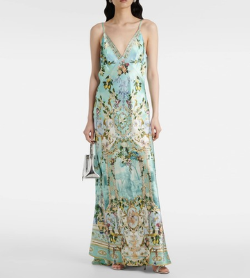 #ad CAMILLA 100% Silk retro printed Big V neck H shaped maxi sling dress grace women $168.00