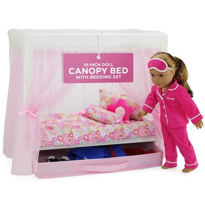 Emily Rose 18'' Doll Princess Canopy Bed - White Wood 18 inch doll size,