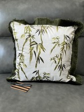 BNWT Gorgeous Rockett St George Green Bamboo Viscose Print Velvet Fringe Cushion