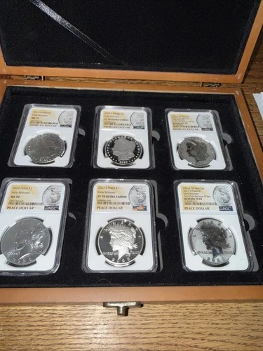 2023 Set Of Morgan And Peace Dollars Ms 70 PF 70UC Pf 70 Reverse + Wooden Case ￼
