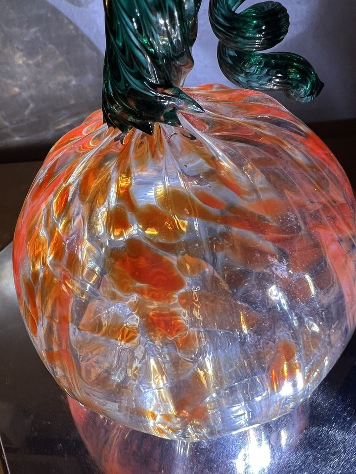 Blown Glass 6”x4”RARE Pumpkin w/ Applied Stem Signed SGW76 STIEGEL