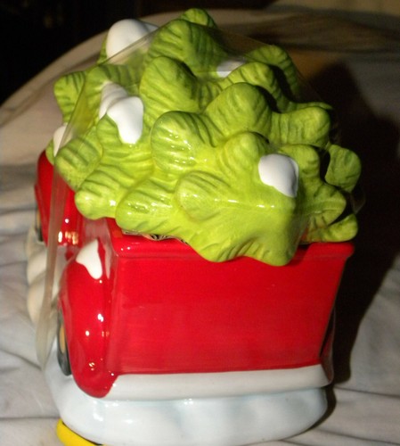 Holiday Time Christmas Tree Red Truck Cookie Jar Earthenware Hand Painted SEALED - Picture 3 of 5
