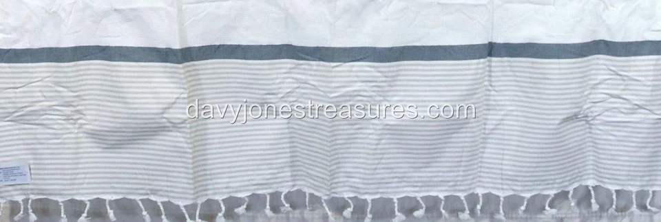 Cortina de ducha de baño náutico YACHT CLUB azul denim con rayas tostadas y flecos de cuerda Foto 4 de 4