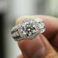 Lab-Created Diamond 2Ct Round Cut Halo Bridal Engagement Wedding Ring 925 Silver