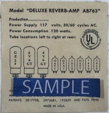 Vintage Blackface Deluxe Reverb AMP AB763 Replacement Tube Chart 1965  FMI