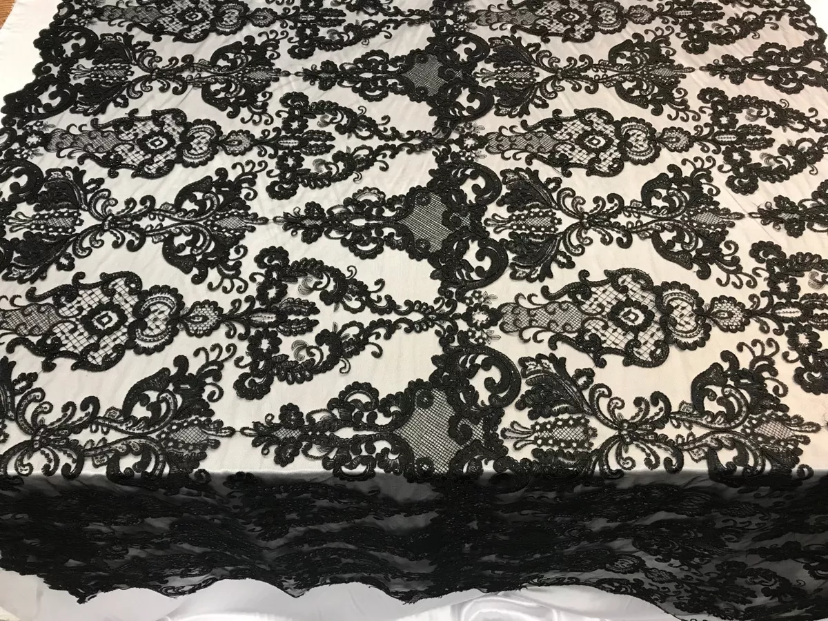 Black beaded lace fabric sale by the yard