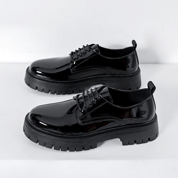 【2plan】Antique round shoes Men's Punk Shiny Business Casual Shoes Lace Up Round Toe