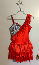 Adult Small Dance Costume Asymmetrical Red Ruffle  Sequin Dress