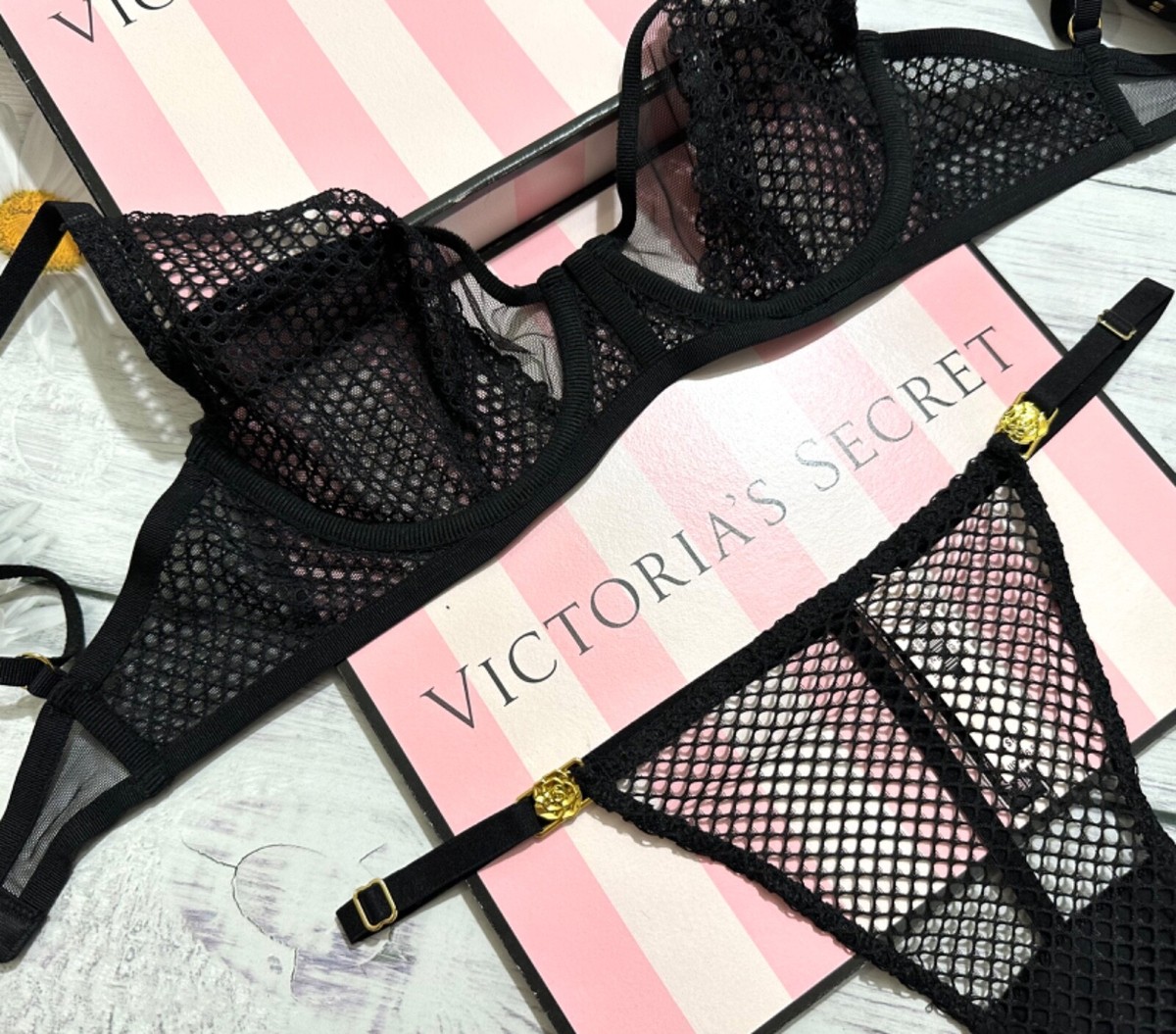 Set 4 Pièces Victoria's Secret Dentelle Noire Porte-jarretelles + Soutien-gorge
