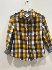 Cat & Jack Boys Size XS 4/5 Yellow Blue Plaid Long Sleeve Button Down Shirt Top