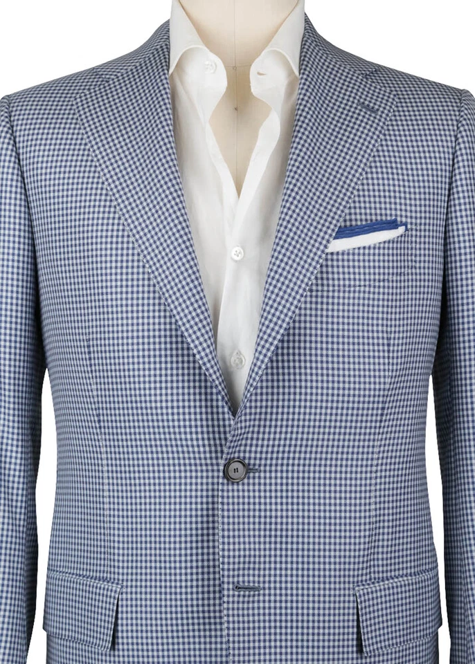 Cesare Attolini Blue Wool Blend Micro-Check Sportcoat - 40/50 - (208) - Image 2 of 4