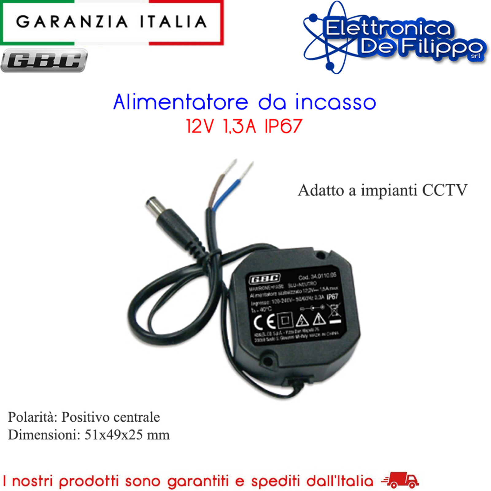 Alimentatore da incasso 12V 1,3A IP67