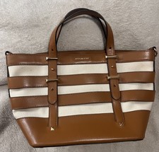 MICHAEL KORS Marie Cage Tote Large Purse Handbag Canvas W/ Leather Straps