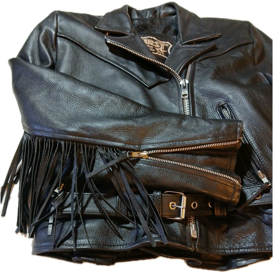 First Genuine Leather Motorcycle Jacket With Fringes And Zippers Belt size small image 4