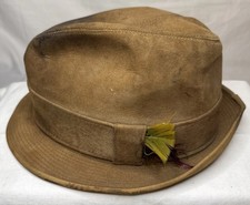 Vintage Fedora Hat Genuine Leather Suede 7 1/4 Brown Made In USA Distressed