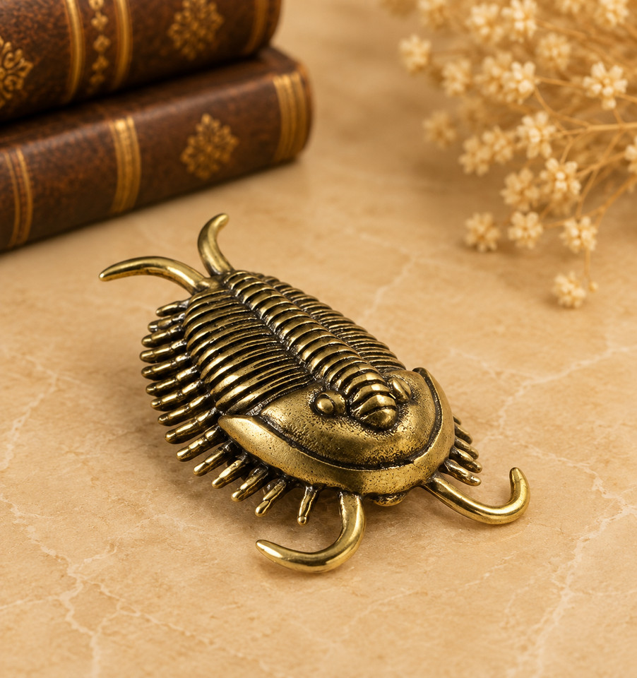 A tiny brass trilobite sculpture — 500-million-year-old creature distilled into a desk ornament for the science nerd or fossil fanatic.
