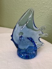 Vintage Blue Angel Fish Figurine Hand Blown Glass Controlled Bubble Murano Style