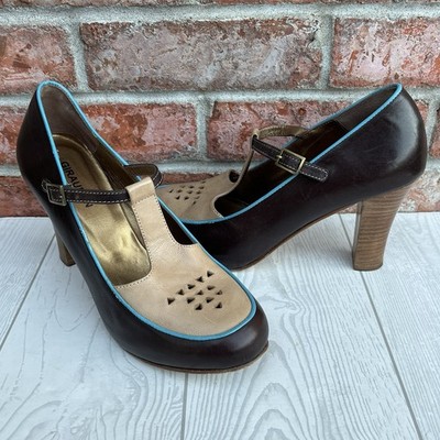 Giraudon New York T Strap Mart Jane Heels Shoes Brown Tan Women s Sz EURO 37.5 M