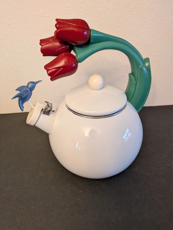 Ancona Kettle Hummingbird, Tulips Enamel Red, White, Blue &Green Teapot 1995 VGC - Image 4 of 4