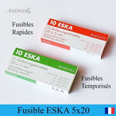 Boite de 10 Fusibles verre 5x20 250v ESKA Temporisé/T ou Rapide/F de 200mA à 16A - Photo 1/4