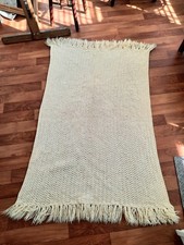 Handknit Wool Afghan Throw Baby Blanket Cream Cable Fringe 41 X 58- Nice