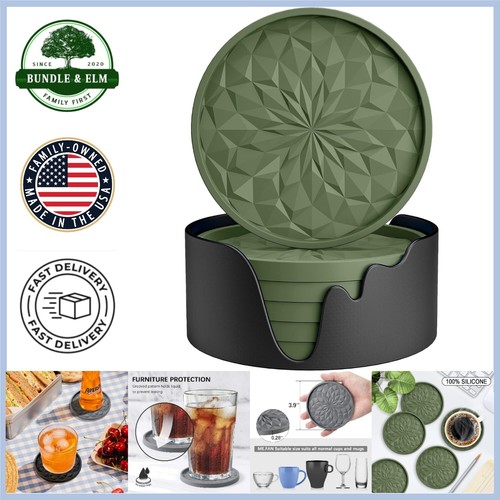 6-Pack Silicone Coasters with Holder - Heat Resistant Non-Slip Deep Tray Design
