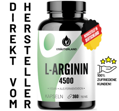 KRÄUTERLAND L-Arginin Kapseln hochdosiert, 360 Stück, vegan, reines Arginin HCL