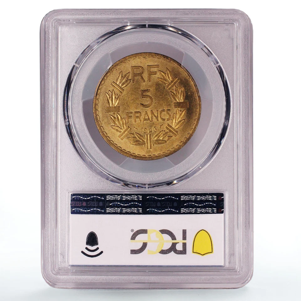 France 5 francs Republic Coinage Laureate Head MS64 PCGS AlBronze coin 1946 - Image 2 of 2