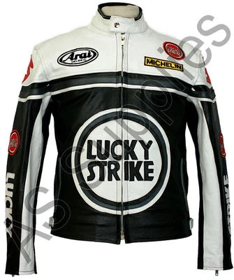 LUCKY STRIKE Blouson Moto Cuir - Veste Motard CE Protégé - Noir Blanc - Schwantz