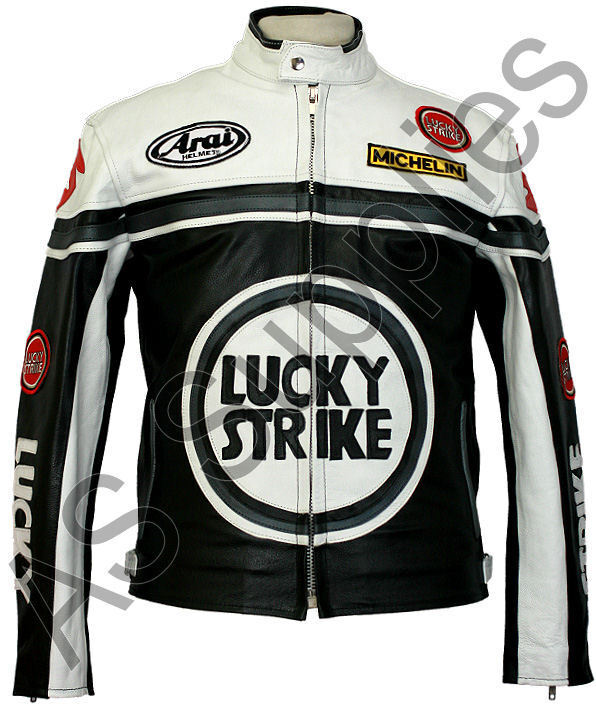 LUCKY STRIKE Veste de Moto en Cuir Blouson Motard - Noir / Blanc