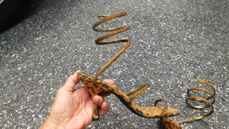 Sexy Sandalias Moda Spana con Tiras al Tobillo Tacones de 3" Leopardo Estrás talla 7.5 Foto 2 de 4