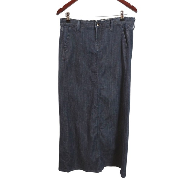 Lucky Brand Gene Montesano Women Size 27 Blue Denim Midi Skirt Pockets Back Slit