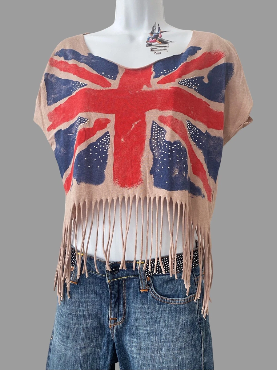 Retro Punk Union Jack Womens T Shirt with Fringe & Studs